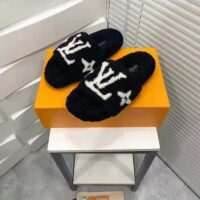 Louis Vuitton LV Women Paseo Flat Comfort Mule Black Shearling LV Initials Monogram Flowers