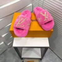 Louis Vuitton LV Women Paseo Flat Comfort Mule Pink Shearling LV Initials Monogram Flowers