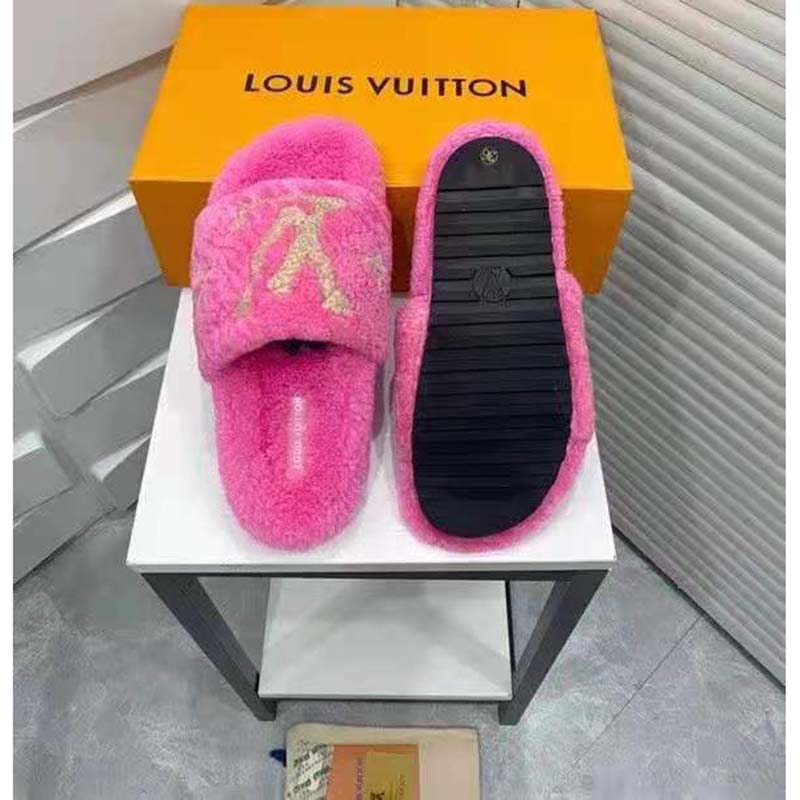 LOUIS VUITTON, Paseo flat comfort mule, beige sheepskin/shearling, decor  with classic LV logo and flowers in neon pink. Vintage clothing &  Accessories - Auctionet