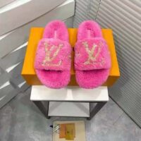 Louis Vuitton LV Women Paseo Flat Comfort Mule Pink Shearling LV Initials Monogram Flowers