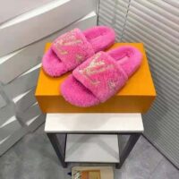 Louis Vuitton LV Women Paseo Flat Comfort Mule Pink Shearling LV Initials Monogram Flowers