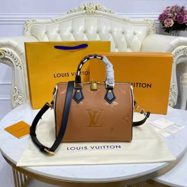 Louis Vuitton LV Women Speedy Bandoulière 25 Handbag Caramel Embossed Supple Grained Cowhide (13)