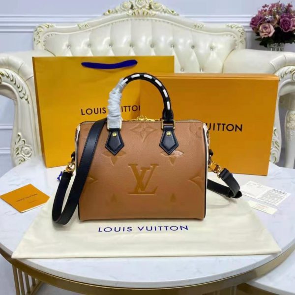 Louis Vuitton LV Women Speedy Bandoulière 25 Handbag Caramel Embossed Supple Grained Cowhide (15)