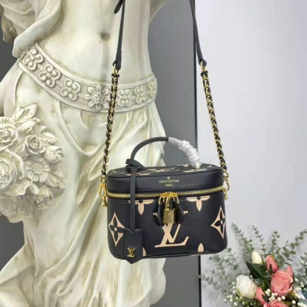 Louis Vuitton LV Women Vanity PM Handbag Black Beige Embossed Grained Cowhide Leather (11)