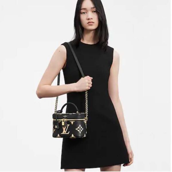 Louis Vuitton LV Women Vanity PM Handbag Black Beige Embossed Grained Cowhide Leather (22)