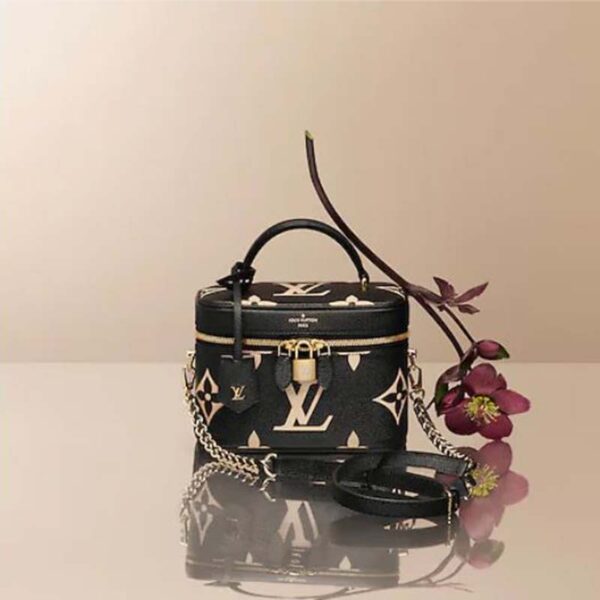 Louis Vuitton LV Women Vanity PM Handbag Black Beige Embossed Grained Cowhide Leather (5)