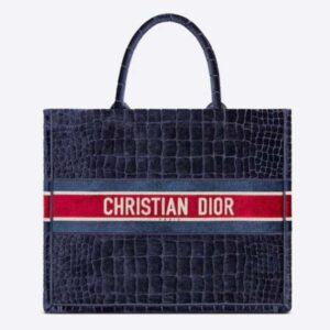 Dior Women Dior Book Tote Blue Crocodile Effect Embroidered Velvet