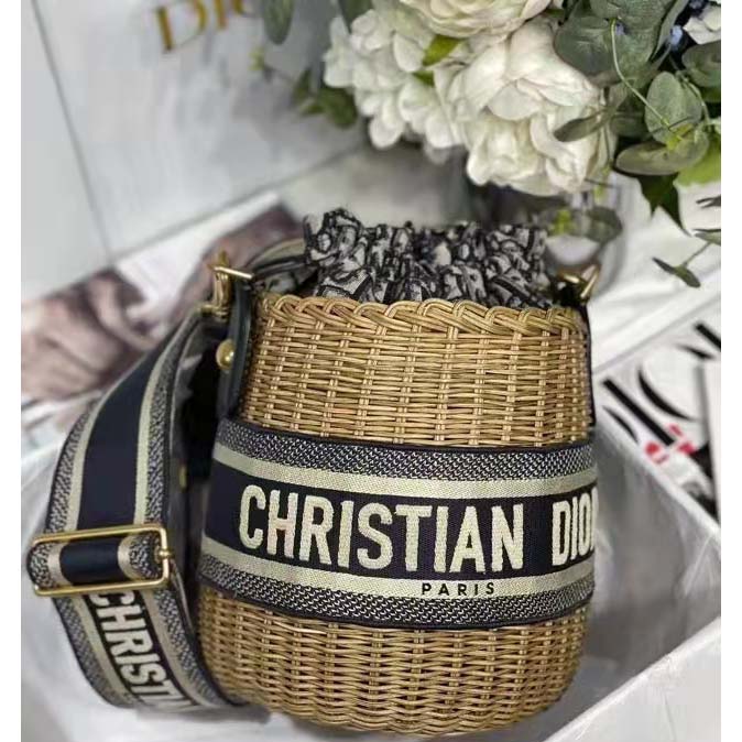 Dior Women Dior Wicker Bucket Bag Blue Dior Oblique Jacquard and Natural Wicker