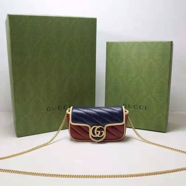 Gucci Unisex GG Marmont Super Mini Bag Blue and Dark Red Diagonal Matelassé Leather (3)