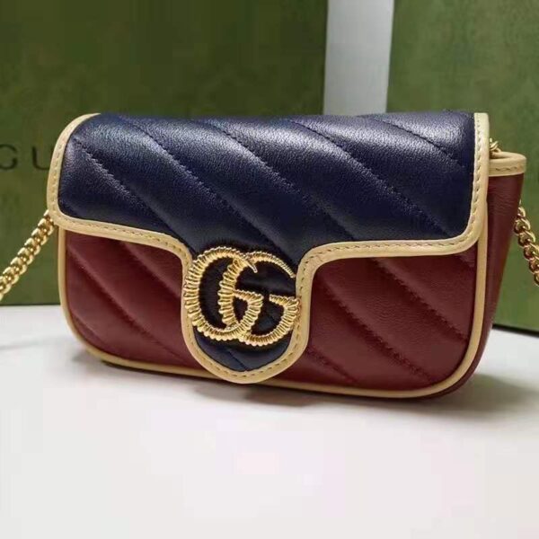 Gucci Unisex GG Marmont Super Mini Bag Blue and Dark Red Diagonal Matelassé Leather (4)