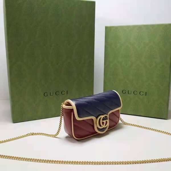 Gucci Unisex GG Marmont Super Mini Bag Blue and Dark Red Diagonal Matelassé Leather (5)