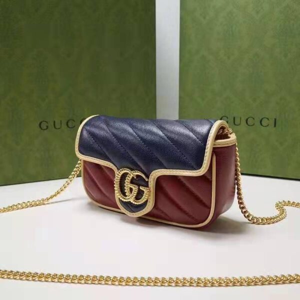 Gucci Unisex GG Marmont Super Mini Bag Blue and Dark Red Diagonal Matelassé Leather (6)