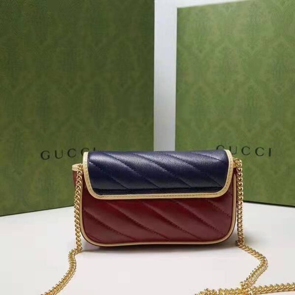 Gucci Unisex GG Marmont Super Mini Bag Blue and Dark Red Diagonal Matelassé Leather (7)