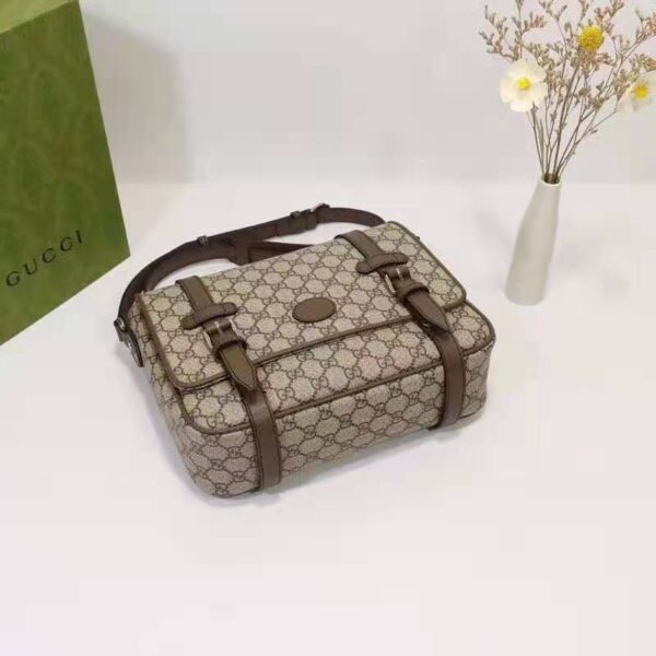 Gucci Unisex GG Messenger Bag Beige Ebony GG Supreme Canvas Brown Leather (10)