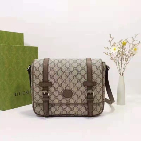 Gucci Unisex GG Messenger Bag Beige Ebony GG Supreme Canvas Brown Leather (2)