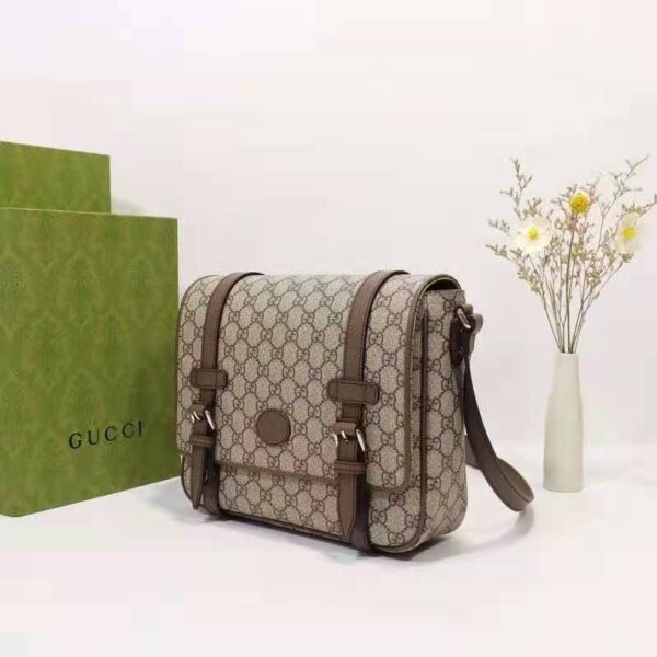 Gucci Unisex GG Messenger Bag Beige Ebony GG Supreme Canvas Brown Leather (3)