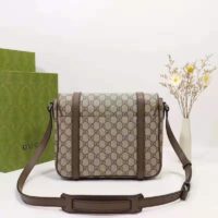 Gucci Unisex GG Messenger Bag Beige Ebony GG Supreme Canvas Brown Leather