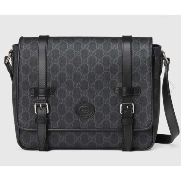 Gucci Unisex GG Messenger Bag Black GG Supreme Canvas Black Leather