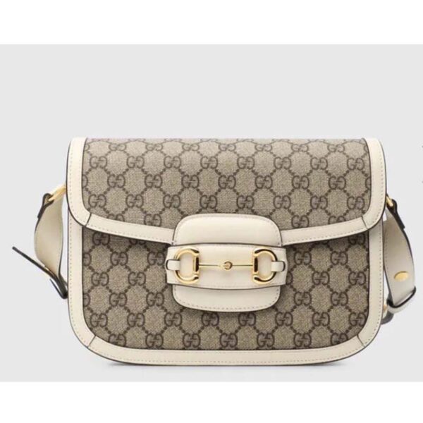 Gucci Unisex Gucci Horsebit 1955 Small Shoulder Bag Beige Ebony GG Supreme Canvas