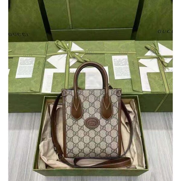 Gucci Unisex Mini Tote Bag with Interlocking G Beige and Ebony GG Supreme Canvas (10)