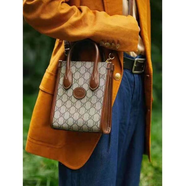 Gucci Unisex Mini Tote Bag with Interlocking G Beige and Ebony GG Supreme Canvas (4)