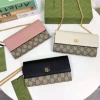 Gucci Women GG Marmont Chain Wallet Beige and Ebony GG Supreme Canvas