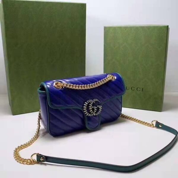 Gucci Women GG Marmont Small Shoulder Bag Blue Diagonal Matelassé Leather (1)