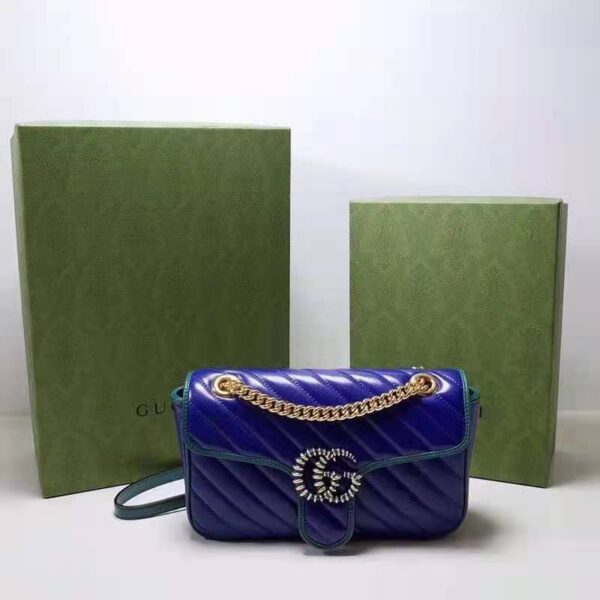 Gucci Women GG Marmont Small Shoulder Bag Blue Diagonal Matelassé Leather (12)