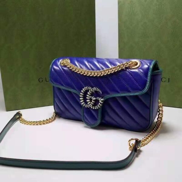 Gucci Women GG Marmont Small Shoulder Bag Blue Diagonal Matelassé Leather (2)
