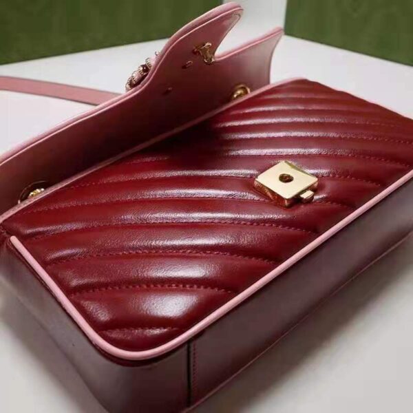 Gucci Women GG Marmont Small Shoulder Bag Dark Red Diagonal Matelassé Leather (10)