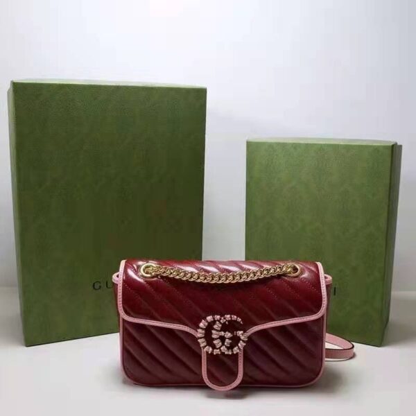 Gucci Women GG Marmont Small Shoulder Bag Dark Red Diagonal Matelassé Leather (3)