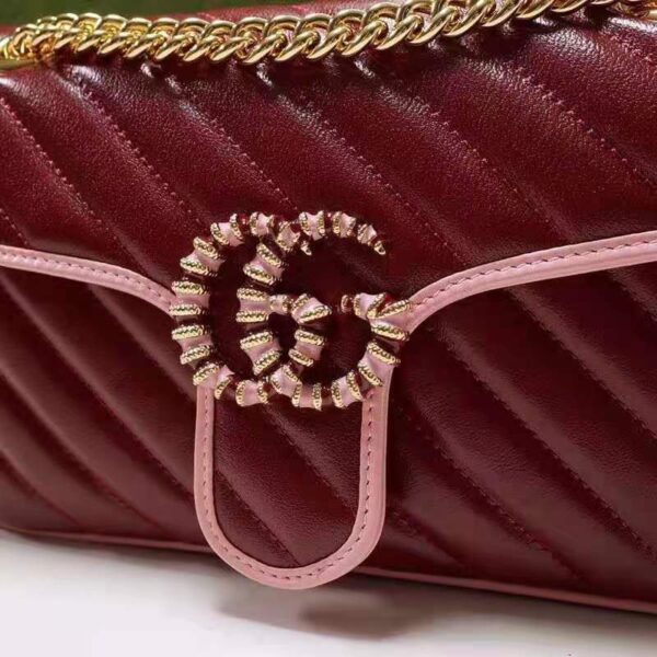 Gucci Women GG Marmont Small Shoulder Bag Dark Red Diagonal Matelassé Leather (4)