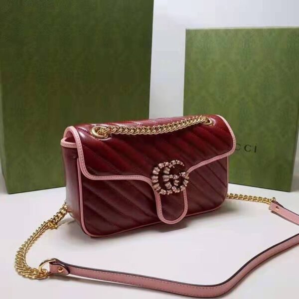 Gucci Women GG Marmont Small Shoulder Bag Dark Red Diagonal Matelassé Leather (6)