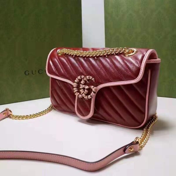 Gucci Women GG Marmont Small Shoulder Bag Dark Red Diagonal Matelassé Leather (7)