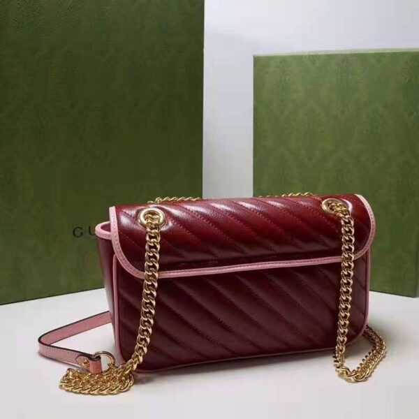 Gucci Women GG Marmont Small Shoulder Bag Dark Red Diagonal Matelassé Leather (8)