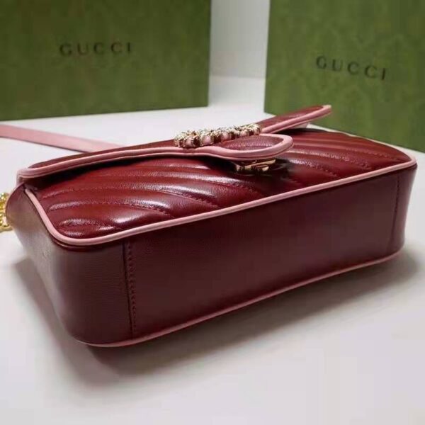Gucci Women GG Marmont Small Shoulder Bag Dark Red Diagonal Matelassé Leather (9)