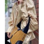 Gucci Women Gucci Camel Straw Effect Fabric with Blue Leather – Image 12