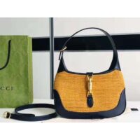 Gucci Women Gucci Camel Straw Effect Fabric with Blue Leather