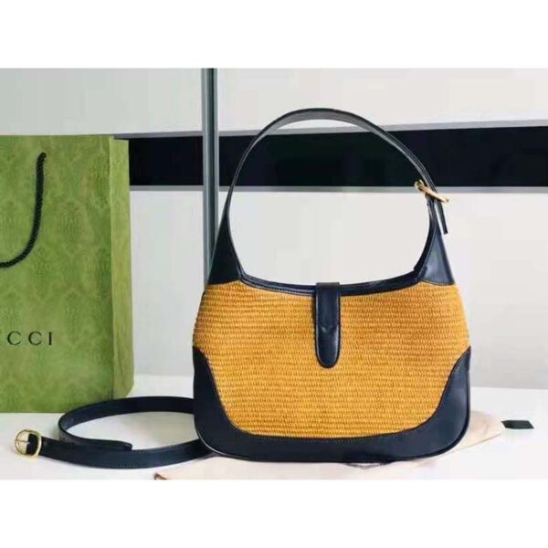 Gucci Women Gucci Camel Straw Effect Fabric with Blue Leather (7)
