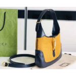 Gucci Women Gucci Camel Straw Effect Fabric with Blue Leather – Image 4