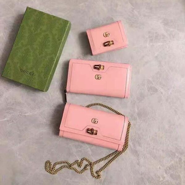 Gucci Women Gucci Diana Card Case Wallet Double G Pink Leather (1)