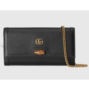 Gucci Women Gucci Diana Chain Wallet with Bamboo Double G Black Leather