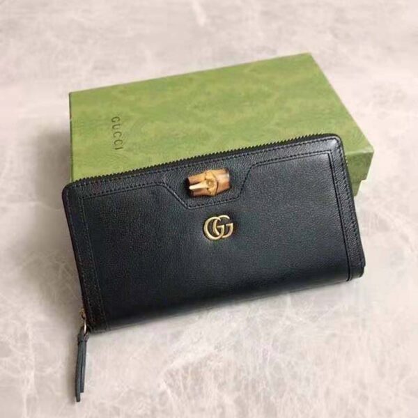 Gucci Women Gucci Diana Continental Wallet Double G Black Leather Bamboo Detail (3)