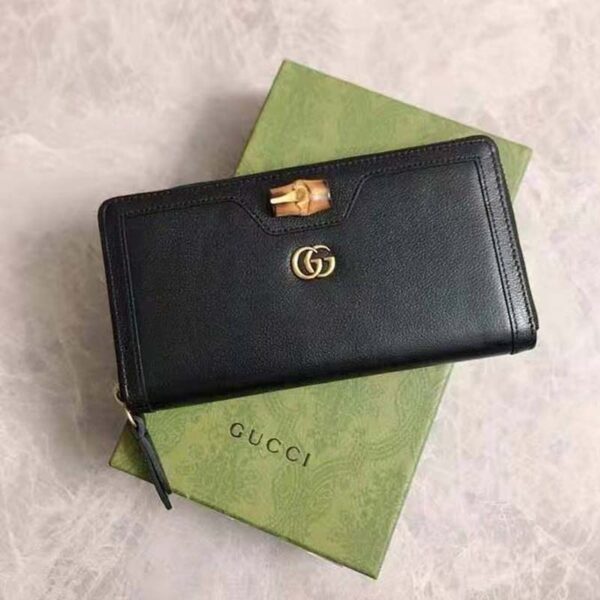 Gucci Women Gucci Diana Continental Wallet Double G Black Leather Bamboo Detail (9)