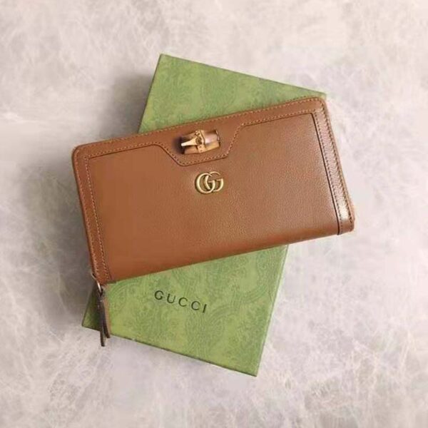Gucci Women Gucci Diana Continental Wallet Double G Brown Leather Bamboo Detail (9)