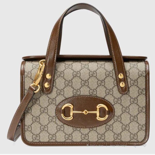 Gucci Women Gucci Horsebit 1955 Mini Top Handle Bag Beige and Ebony GG Supreme Canvas