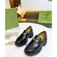 Gucci Women Loafer with Horsebit Black Leather Rubber Lug Sole 4 cm Heel