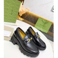 Gucci Women Loafer with Horsebit Black Leather Rubber Lug Sole 4 cm Heel