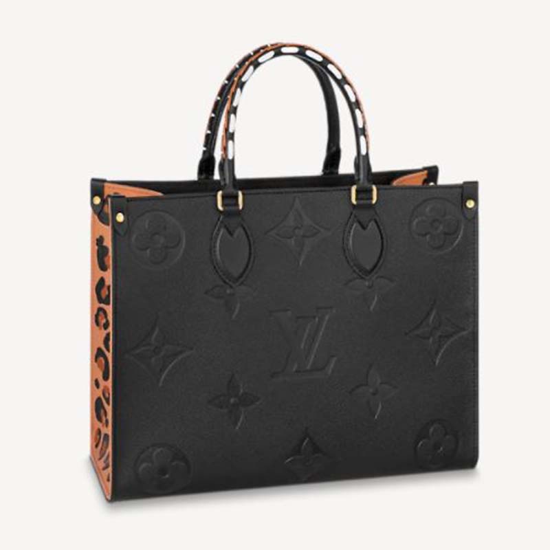 Louis Vuitton LV Unisex Onthego MM Tote Black Embossed Supple Grained Cowhide Leather