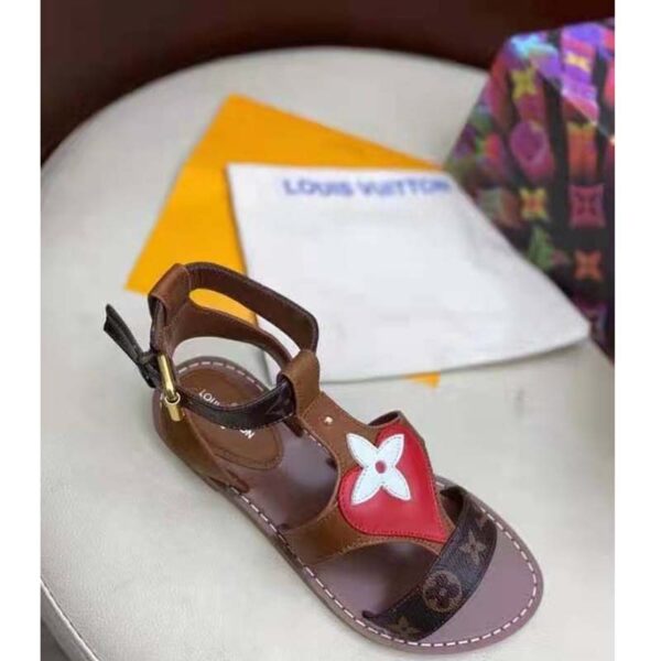 Louis Vuitton LV Women Game On Playful Flat Sandal Cognac Brown Calf Leather Monogram Canvas (4)